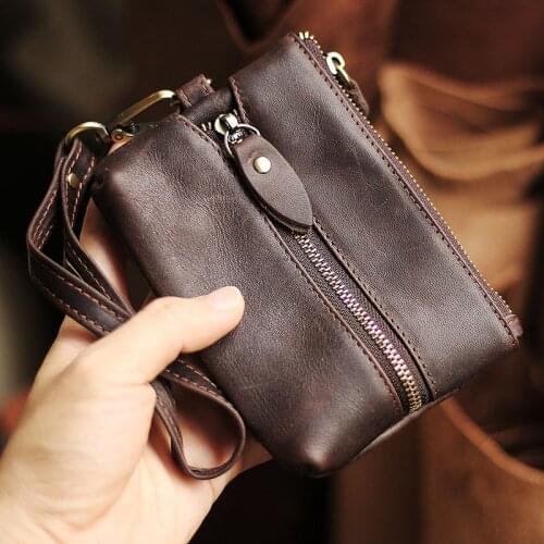 Retro fashion high quality natural real leather unisex key bag head layer cowhide coin purse zipper handmade coin bag mini purse