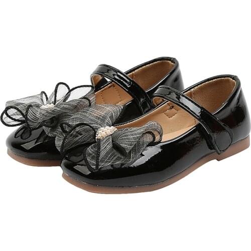 Girls Princess Shoes Black Party Leather Shoes With Bow-knot Rhinestone Lace Sweet Cute Wedding Shoes Children Toddlers Flats