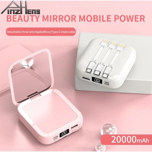 PINZHENG 20000mAh Power Bank For Xiaomi Samsung Mobile External Battery Makeup Mirror Powerbank Portable Charger Poverbank
