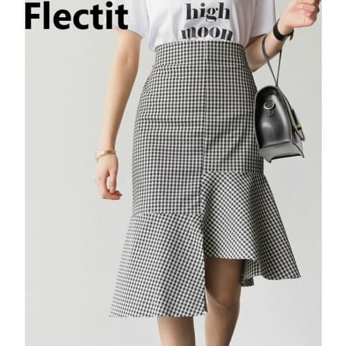 Flectit Womens Gingham Skirt Asymmetric Flounce Elastic Waist Ruffled Hem Midi Skirts Spring Summer Outfits
