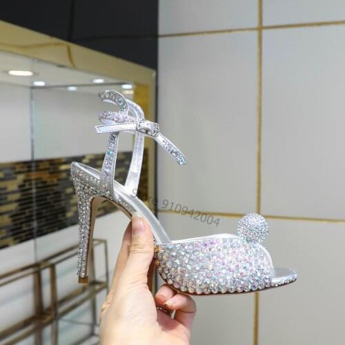 Silver Rhinestone Sandals Woman Peep Toe Diamond Crystal Ankle Strap Thin High Heels Shoes Lady Sexy Wedding Shoes