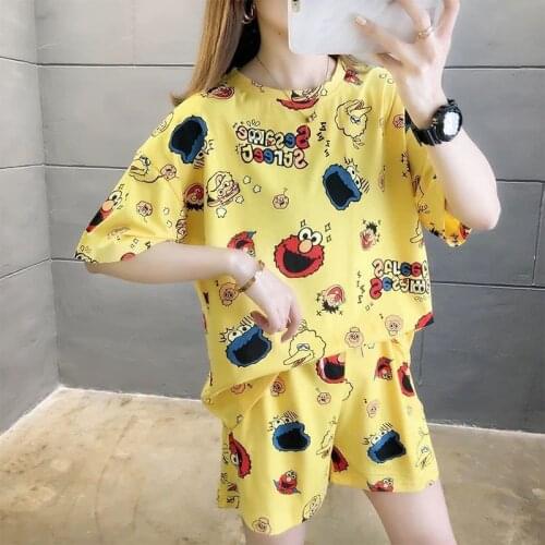 2021 Summer Short Sleeve Women Suit Sets Womens Sleepwear Cotton Cartoon Sleepwear Shorts Lounge Wear Female Pijama