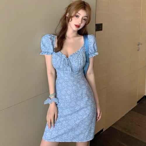 Spring Summer Women Floral Print Dress French Niche Exposed Clavicle Square Collar Platycodon Dress