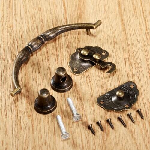 1set Antique Bronze Furniture Pull Handle with Vintage Jewelry Wooden Box Latch Hasp Lock Retro Furniture Hardware