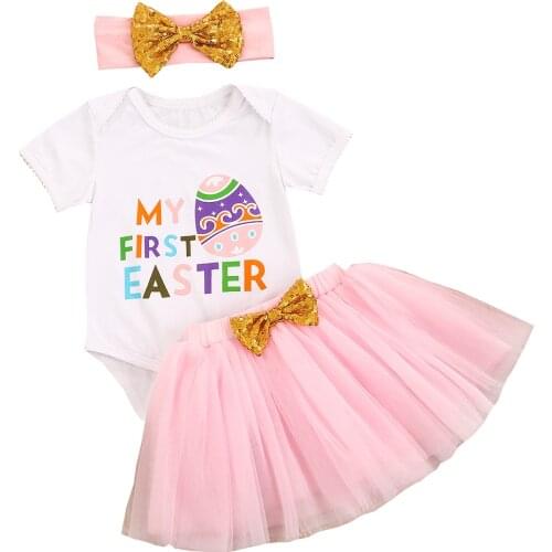 3 Pcs Newborn Easter Outfits, Baby Letter Print Short Sleeve Round Neck Romper + Bowknot Yarn Skirt + Headband Summer