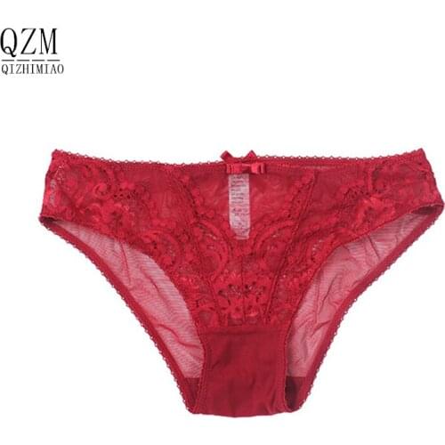 QIZHIMIAO New underwear Sexy transparent lace bow Womens briefs Panties black white wine red S-XL 3 pieces / lot