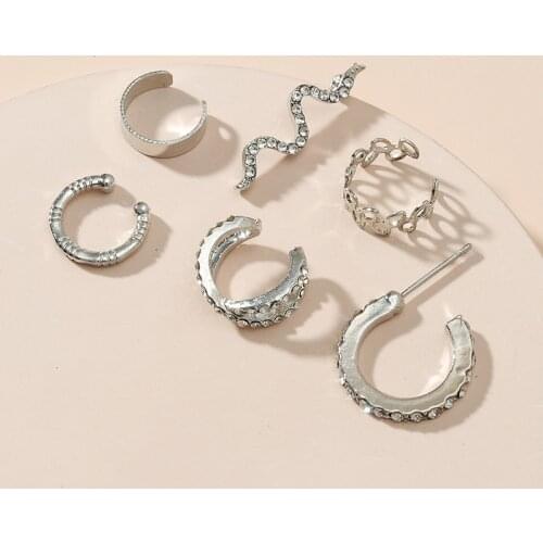 6Pcs/Set Exaggerated Snake Cross Leaves Shape Earring Retro Zircon Pierced Clip Earrings Women Ear Cuff Ear Hook Punk Jewelry