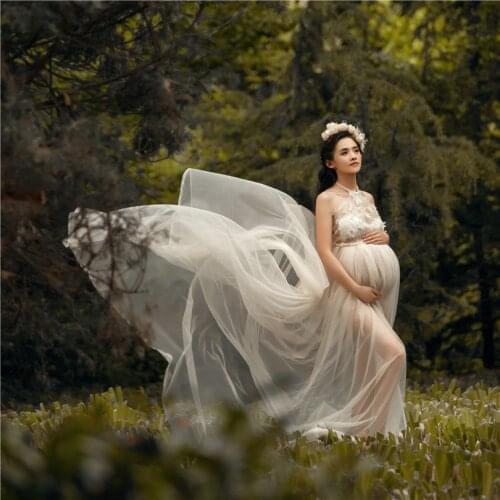 White Lace Extra Train Maternity Wedding Dress for Photo Shoots Transparent Floor Length Maternity Gown New Mommy Gown Chiffon