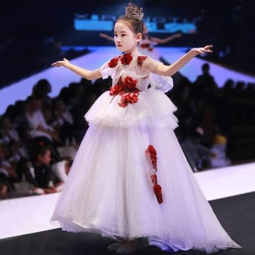 Flower Girl Dress Illusion Tulle Lace Beading Appliques Crystal Sequined Short O-Neck Princess Floor-Length Kids Party Gown H603