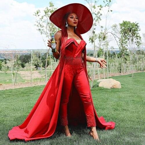 Elegant Red Beaded Prom Dresses with Overskirt Jumpsuit Sweetheart Neckline Party Evening Gowns vestido de novia Celebrity Dress