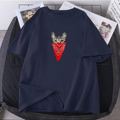 Funny Cat Red Scarf Print T-shirts Female Summer High Quality 2021 Clothing Woman Short Sleeve Hip Hop Tees Streetwear Female