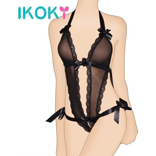 IKOKY V-Neck Lace Sexy Lingerie Transparent Sleepwear Erotic Dress Costumes Temptation Open Crotch Adult Products One Size