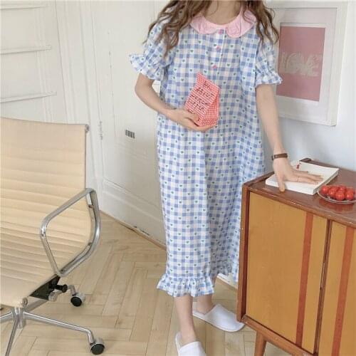 Kawaii Heart Summer Nightgown Women Plaid Loose Cotton Long Sleepwear Patchwork Buttons Blue Pink Home Clothes Homewear