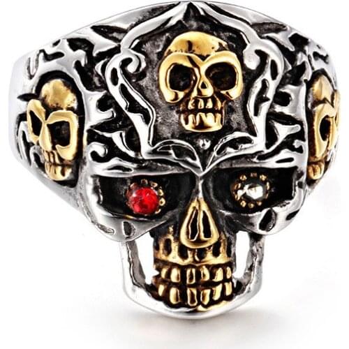 Mens Retro Titanium Steel Jewelry Punk Skull Head Ring Monocular Mosaic Red Drill Skull Cranial Ring