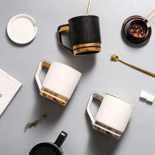 Mug with lid spoon coffee cups porcelain white black stripe tea cup home drink teacup tazas de cafe Office Water cup