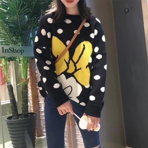 Kawaii Disney Women Minnie Mouse Sweaters Office Lady Female Sweater Tops O-neck Long Sleeve Lady Autumn Winter Sweaters Clothes