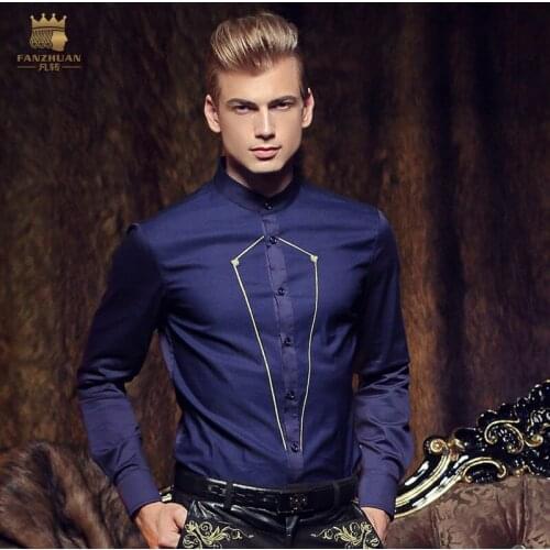 Fanzhuan Free Shipping New Mans 2015 autumn male embroidered pattern shirt black slim stand collar long-sleeve shirt top 2028