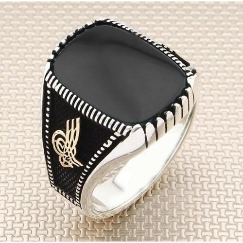 Vintage Square Black Onyx Stone Men Silver Ring With Bronze Ottoman Tugra Motif Made in Turkey Solid 925 Sterling Silver