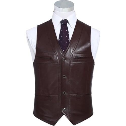 Mens Genuine Leather Vest Gentleman Business Casual Slim Fit Sheepskin Real Leather Waistcoat Tank Top Sleeveless Jacket Vest