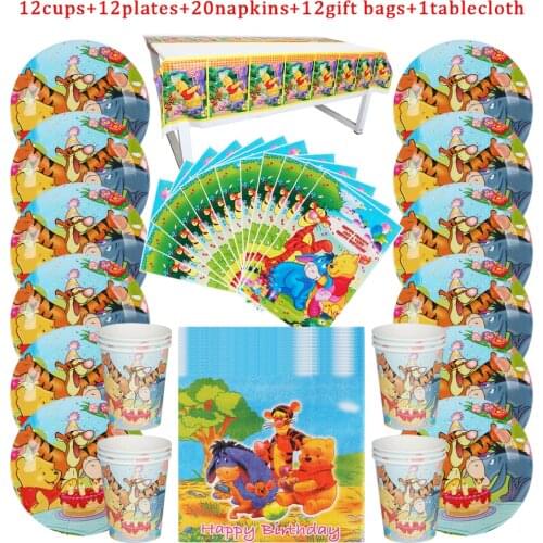 57Pcs/Lot Disposable Tableware Disney Winnie the Pooh Party Kids Birthday Paper Plate+Cup+Napkin+Gift Bags+Tablecloth Supplies