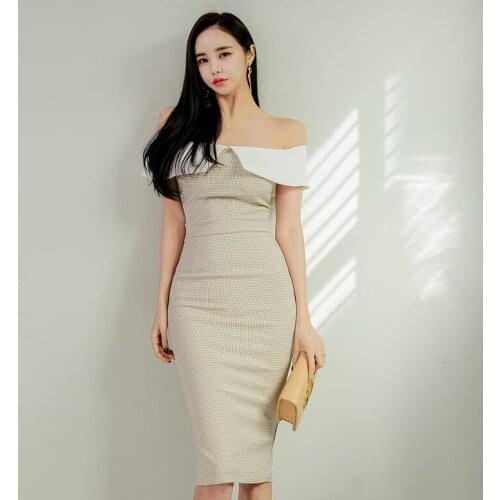 New arrival fashion korean spring midi dress women OL temperament elegant sexy off-shoulder plaid print ruffle holiday dress