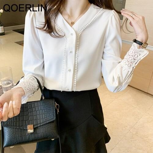 Workwear White Chiffon Tops Shirts Women Spring New Temperament V-neck Single-Breasted Lace Hollow Cuff Blouse Female Plus Size