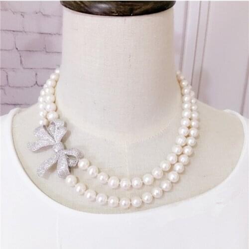 Handmade high-end natural freshwater 8-9mm white pearl micro inlay zircon stereo bowknot luxury short necklace fashion jewelry