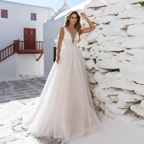 Verngo A-line Wedding Dress Lace Appliques Wedding Gowns Elegant Bride Dress Sleeveless Boho Wedding Dresses Robe De Mariee 2020