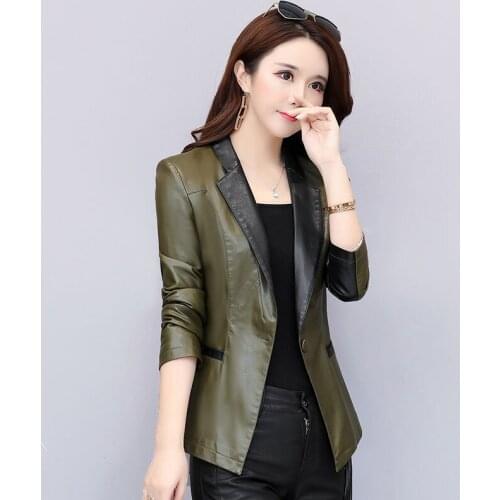 High Quality 2021 Spring Autumn Sheepskin PU Leather Loose Turn-down Collar Zipper Fashion New Womens Short Jacket Y490