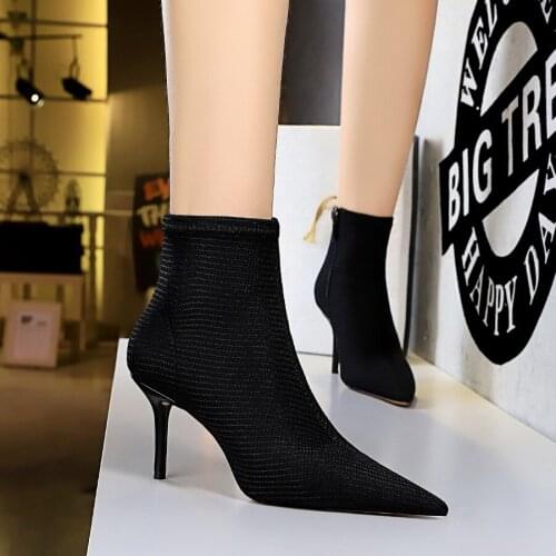 2020 Brand Knitting Ankle Boots Women sexy High Heels zip shoes ladies Pointed Toe short boot black vintage Zapatos De Mujer