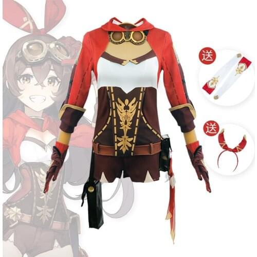 Game Genshin Impact Amber Cosplay Costume Amber Cosplay Costume Women Red Comtume Halloween Top Pant Uniform Full Set
