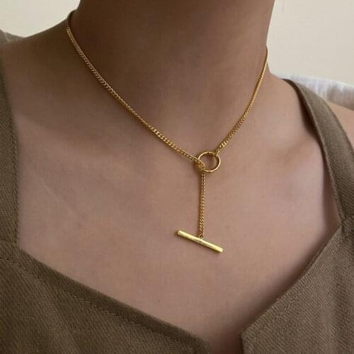 VSnow Minimalist Gold Silver Color OT Toggle Clasp Pendant Necklace for Women Fashion Metal Textured Adjustable Necklace Jewelry