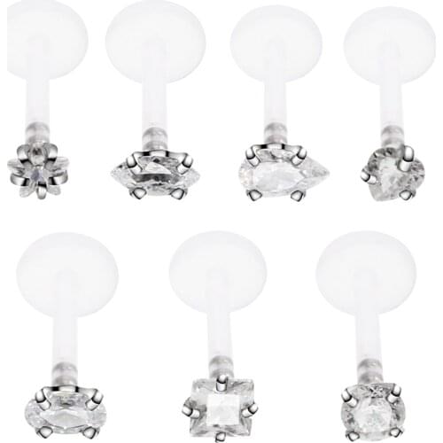 16G 1Pc Labret Lip Stud Piercing PTFE UV 3 Size Rod +1 Head White Zircon Lip Ring Body Piercing Jewelry for Women Ornament