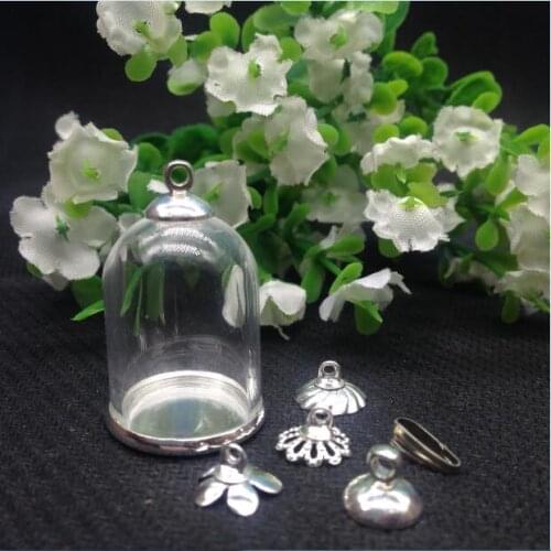 20sets/lot 25*18mm glass globe silver color ordinary base tray beads cap set vials jewelry bottle sample jars pendant findings