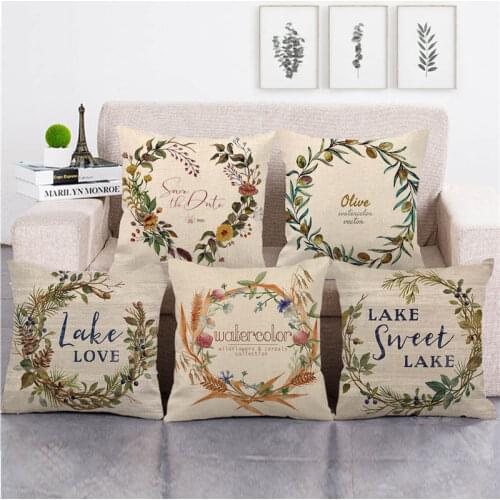 45cm*45cm Beautiful Wreath of Watercolor Plant Flower Linen/cotton Throw Pillow Covers Couch Cushion Cover Home Decor Pillowcase