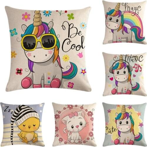 45x45cm Cotton Linen Cushion Covers Cartoon Unicorn Fox Tiger Bedroom Sofa Decor Car Seat Home Decoration Owl Pig Pillow Covers