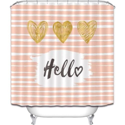 72'' Hello And Golden Hearts On Pink Striped Bathroom Waterproof Fabric Shower Curtain Polyester 12 Hooks Bath Accessory Sets