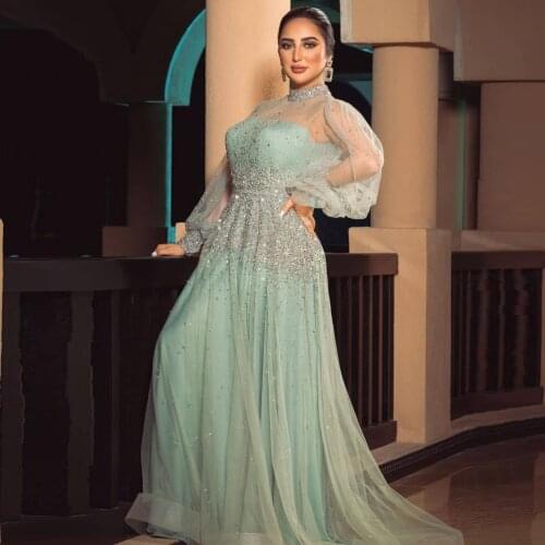 Glitter Elegant Prom Dresses Puff Long Sleeves Sequins Sparkling A-Line Women Formal Evening Party Gowns Plus Size Custom Made