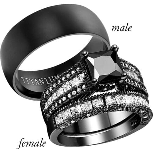 Black Couple Rings - Mens Titanium Steel Ring and Womens 14kt Black Gold Filled Black Diamond Cz Bridal Wedding Ring Set