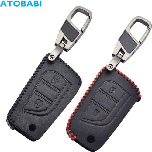 Leather Car Key Case 2 Button Folding Keychain Holder Remote Control Fobs Protector Cover For Toyota Aygo Hilux Auris Yaris 2018