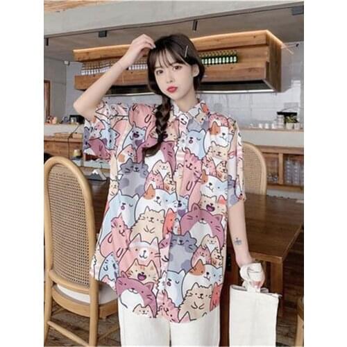 Summer Cat Print Shirt Girl Korean Funny Gothic Shirt Women Harajuku Cool Student Tops Tee Hip Hop High Street Clothes Shirt