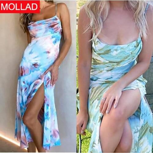 Cross-Border Foreign Trade 2021 Spring and Summer Printed Strap Off-Neck Slit Slim-Fitting Elegant Dress