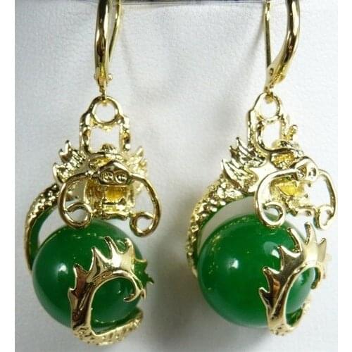 Fancy 12mm green jade dragon fine gem earrings