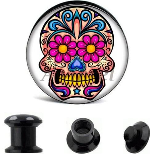 Wholesale Ear Gauge Plugs Flower Sugar Skull Acrylic Screw Fit Flesh Tunnel Plug Eyelet Body Piercing Jewelry 6mm-25mm AW40259