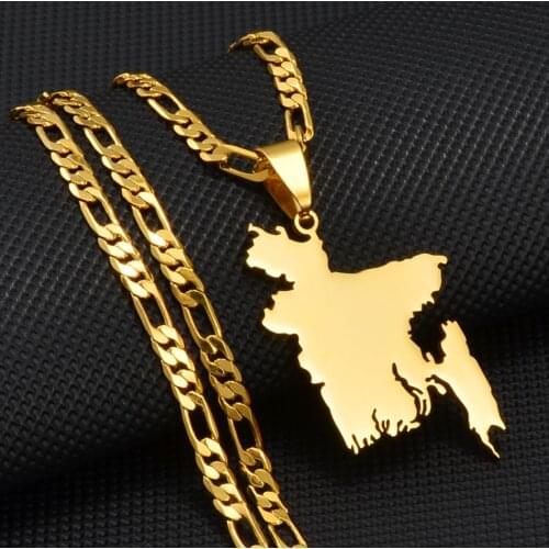 Anniyo Map of Bangladesh Pendant Necklaces Gold Color for Women Men Stainless Steel Bangladeshi Maps Chains Bengali #208021