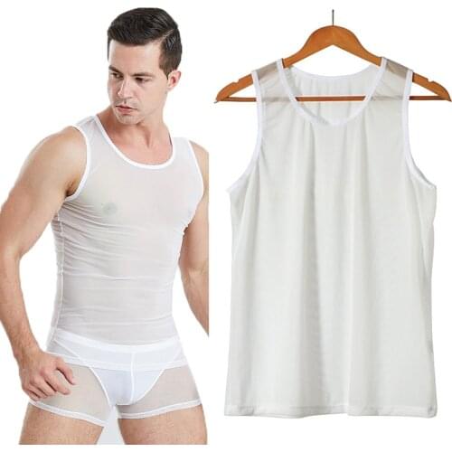 Sexy Men Undershirts Mesh Transparent Breathable Muscle Shapers Fitness Vest Loose Casual Sleepwear Male See Through Tanks Tops