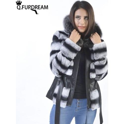 Q.FURDREAM Autumn Winter Fashion Warm Natural Rex Rabbit Fur Coat Hooded Fox Fur Brim Stripe With Belt Full Sleeves Jacket