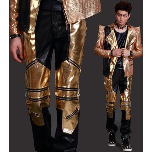 Stage gold black splice zipper fashion personality men leather pants motorcycle pant men feet trousers singer dance rock fashion