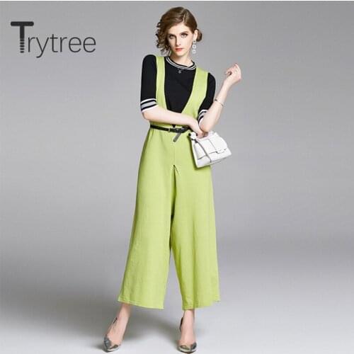 Trytree 2020 Summer Two piece set Casual O-neck Knitting Top + Pants Solid Green Belt Wide leg pants Fashion Set 2 Piece Set