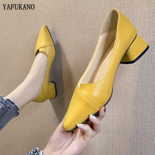 Women Leather Pumps Med Chunky Square Heel Pointed Toe Slip On Party Office Daily Weekly Shoes Cozy All Match